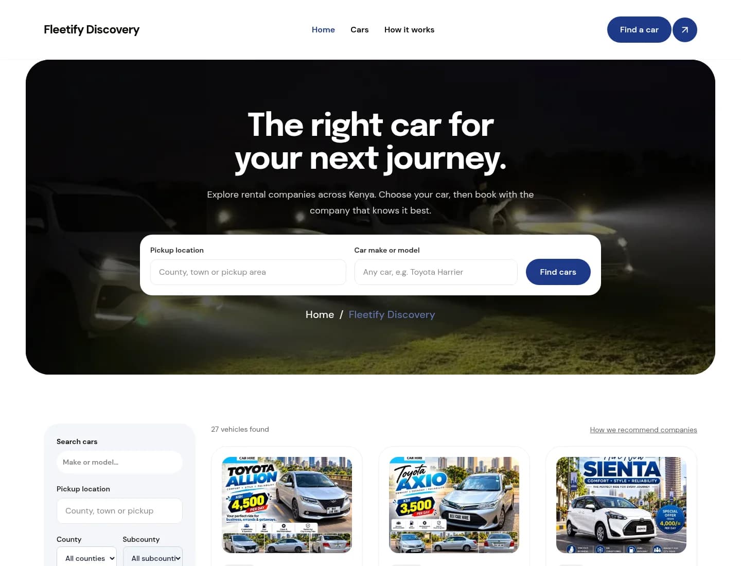 Fleetify Discovery's live car search with location filters and rental listings